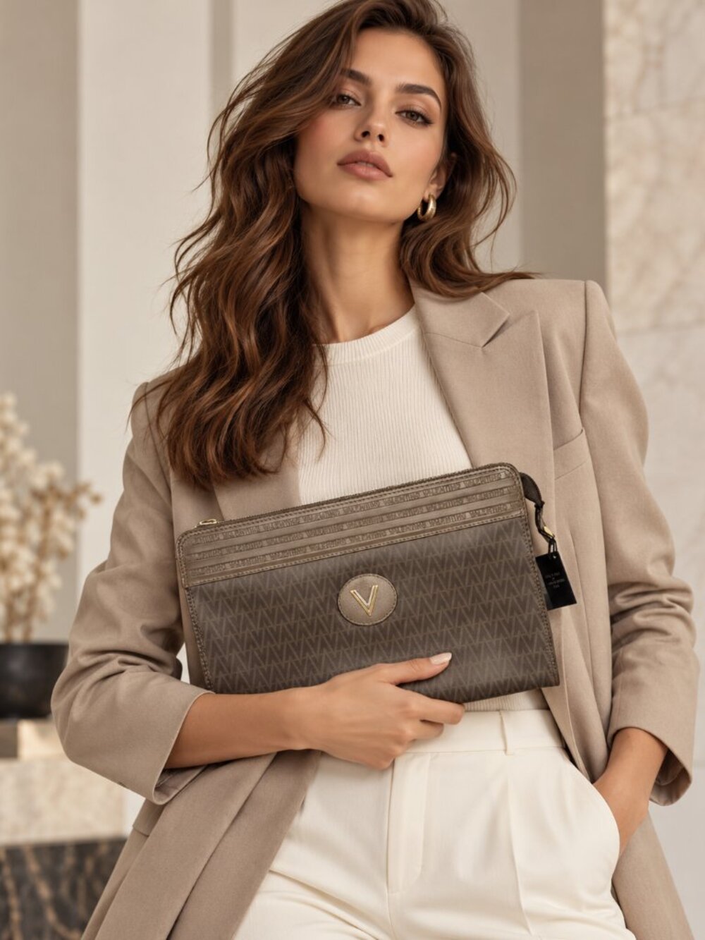 Mario Valentino Monogram Zip Clutch Pouch Brown Beige Gold V Logo Made in Italy